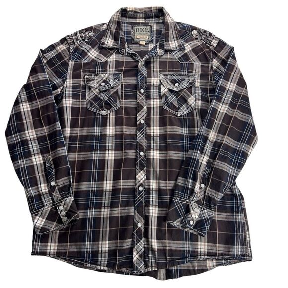 BKE Plaid Pearl Snap Western Shirt XL Roll Tab Sleeves Brown Cotton - Picture 1 of 14